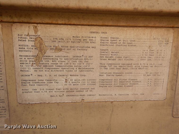 image for item MP9171 Ingersoll Rand P-375A-W-D  air compressor