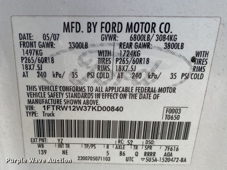 image for item DL7109 2007 Ford F150  SuperCrew pickup truck