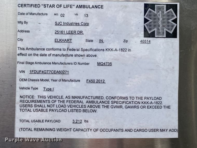 image for item DL7111 2012 Ford F450 Super Duty  ambulance