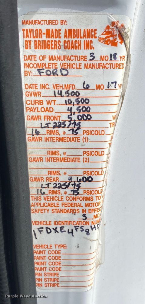 image for item DL7115 2017 Ford E450 Super Duty  ambulance