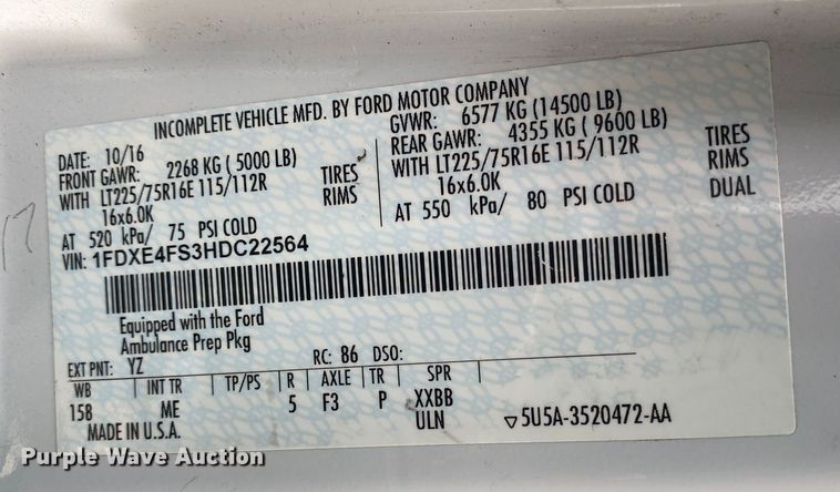 image for item DL7116 2017 Ford E450 Super Duty  ambulance