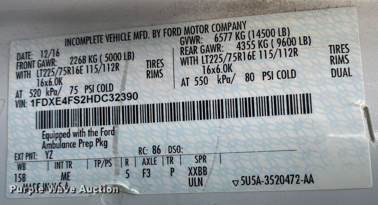 image for item DL7117 2017 Ford E450 Super Duty  ambulance