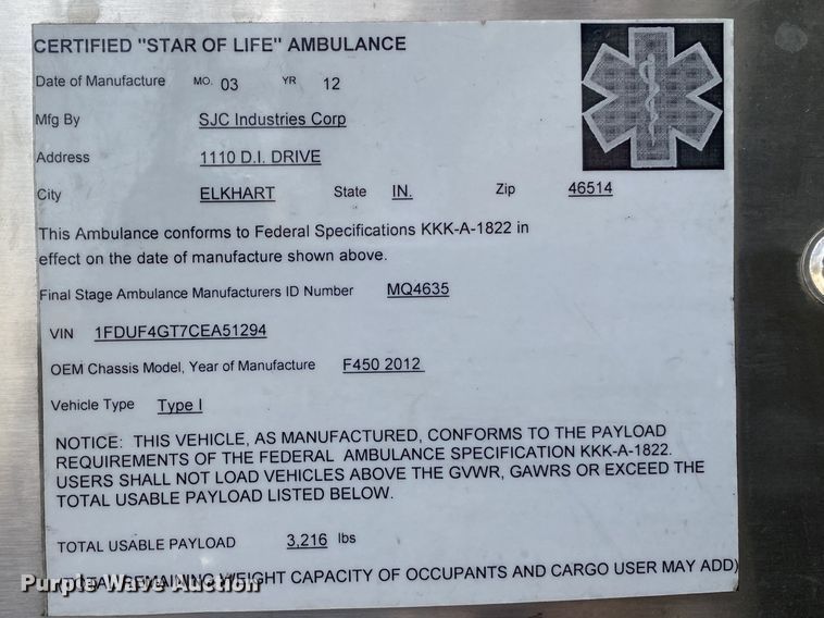 image for item DL7120 2012 Ford F450 Super Duty  ambulance