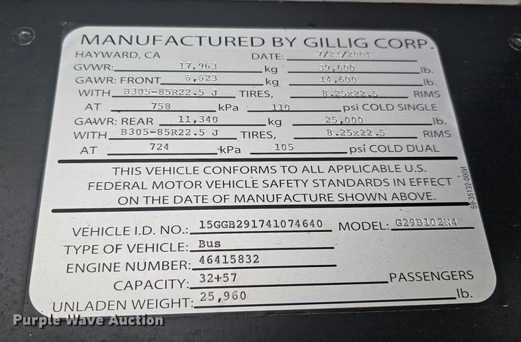 image for item DO4225 2004 Gillig G29B102N4  transit bus