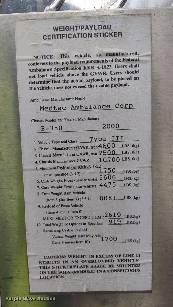 image for item DR8278 2000 Ford E350 Super Duty  ambulance
