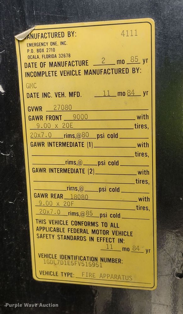 image for item DR8279 1985 GMC C7  pumper fire truck