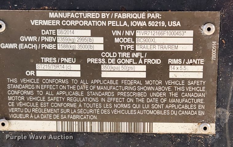 image for item JB9462 2015 Vermeer BC900XL  wood chipper