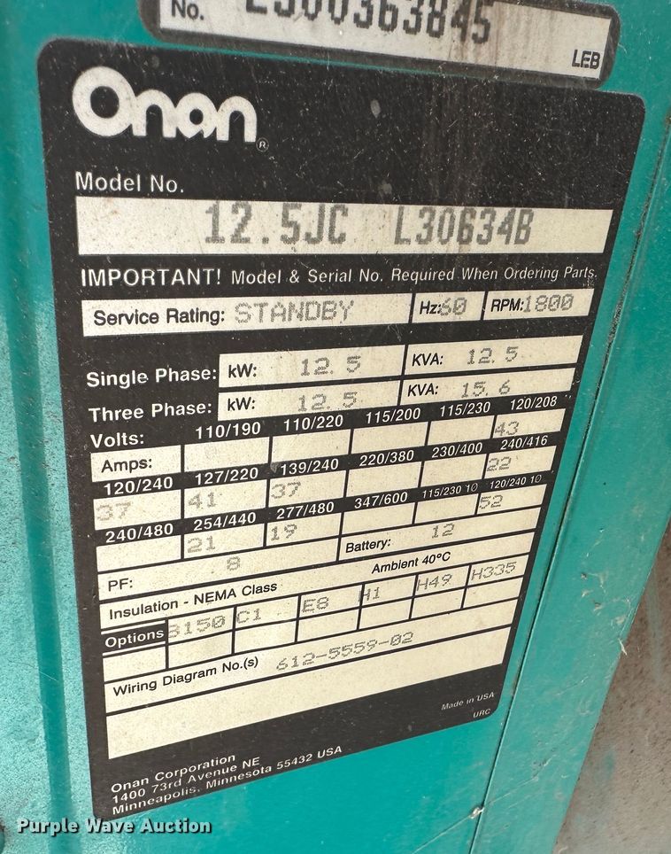 image for item LN9147 Onan LTEU 60L 234H  generator