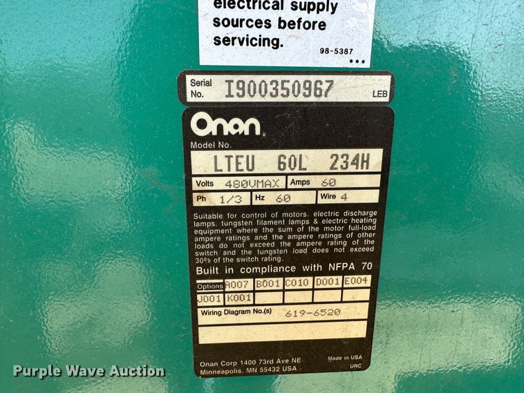 image for item LN9147 Onan LTEU 60L 234H  generator