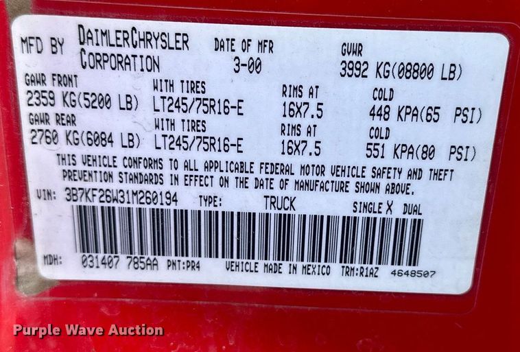 image for item LN9339 2001 Dodge Ram 2500 Laramie SLT  flatbed pickup truck