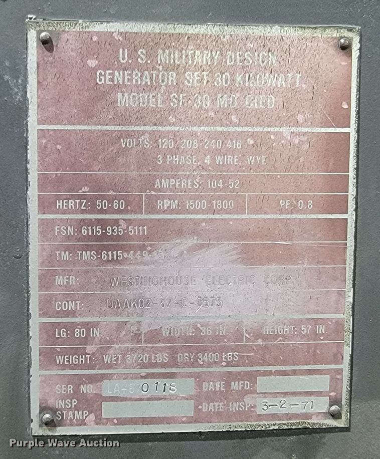 image for item LV9329 Westinghouse SF-30 MD CIED  generator