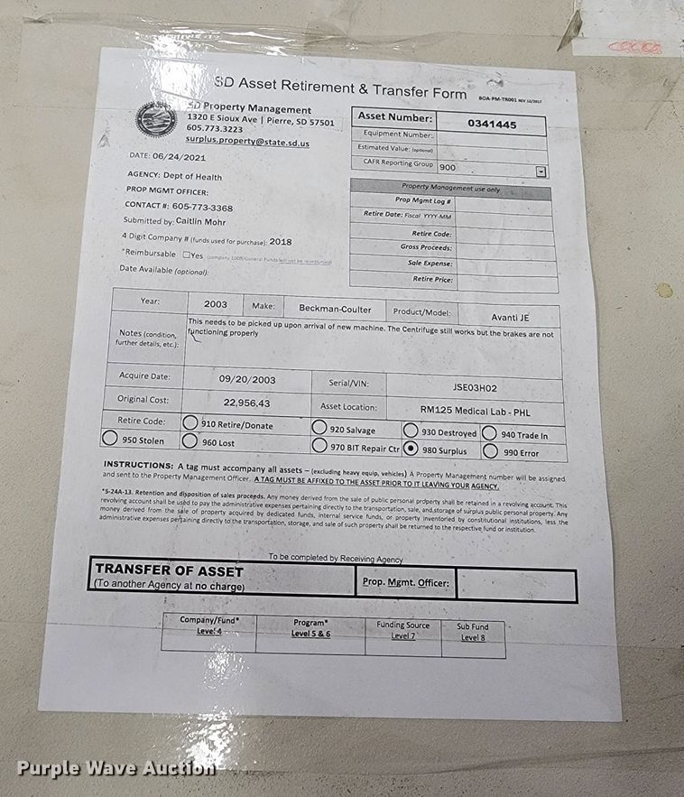 image for item LV9371 Beckman Coulter Avanti J-E  centrifuge