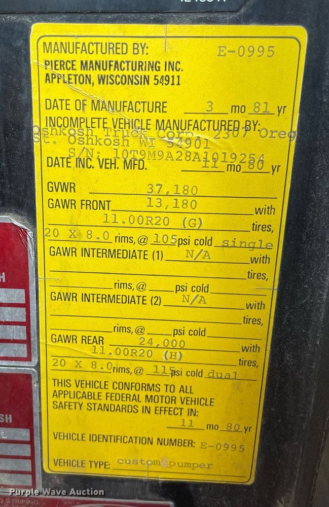 image for item MP9258 1980 Pierce V1324M  pumper fire truck