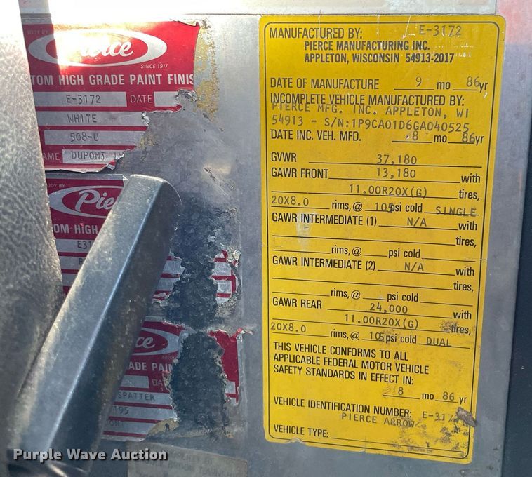 image for item MP9259 1986 Pierce E3172  fire truck