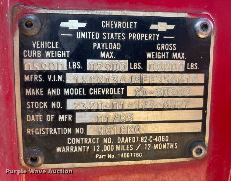 image for item MP9266 1985 Chevrolet D30 Military Postal Unit  brush fire truck