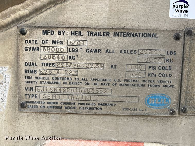 image for item KR9515 2001 Heil  pneumatic dry bulk trailer