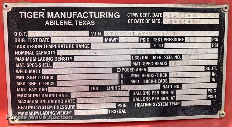 image for item LI9134 2009 Tiger Manufacturing  gel slurry tank trailer