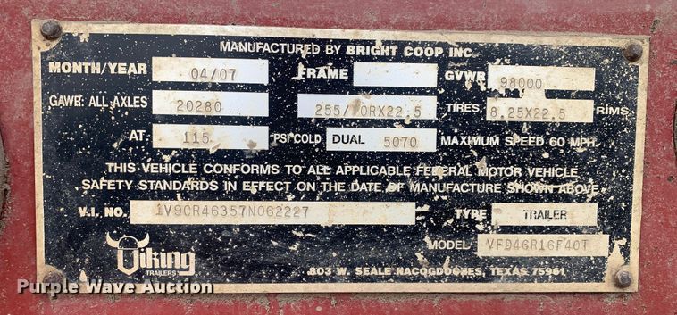 image for item LI9158 2007 Viking VFD46R16F40T  drop deck equipment trailer