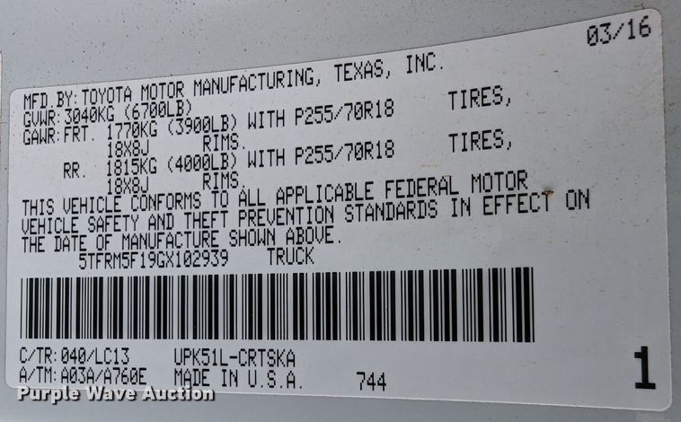 image for item DL1006 2016 Toyota Tundra  Double Cab pickup truck