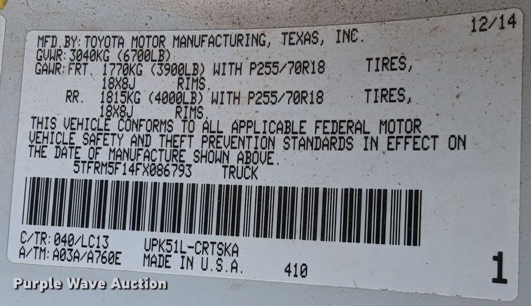 image for item DL1008 2015 Toyota Tundra  Double Cab pickup truck