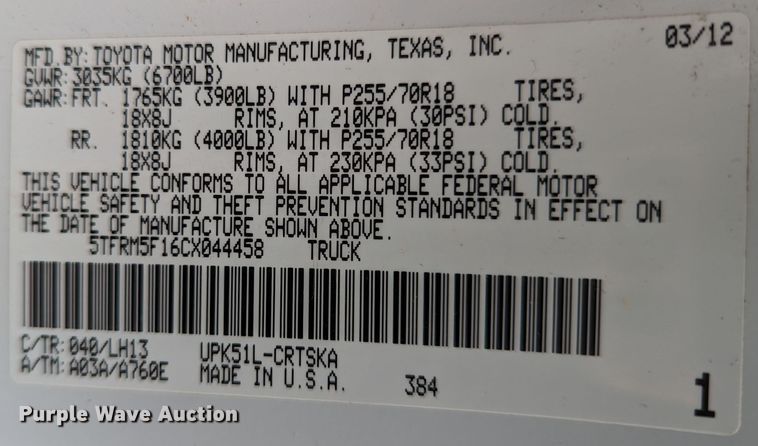 image for item DL1009 2012 Toyota Tundra  Double Cab pickup truck