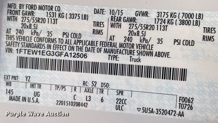 image for item DN4582 2016 Ford F150  SuperCrew pickup truck