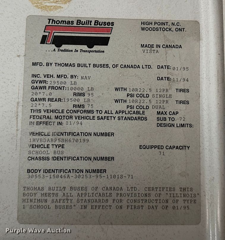 image for item DR5121 1995 International 3600  school bus