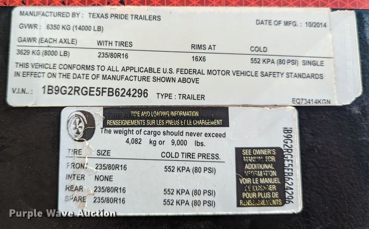 image for item DR6917 2015 Texas Pride  equipment trailer