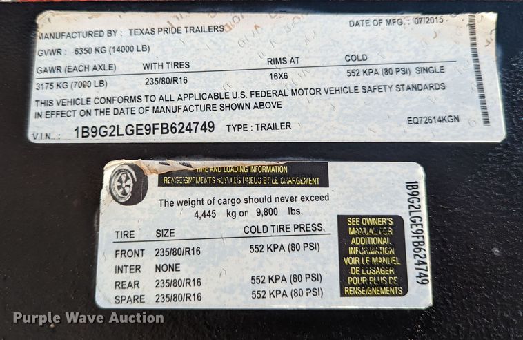 image for item DR6918 2015 Texas Pride  equipment trailer