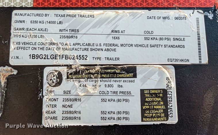 image for item DR6919 2015 Texas Pride  equipment trailer