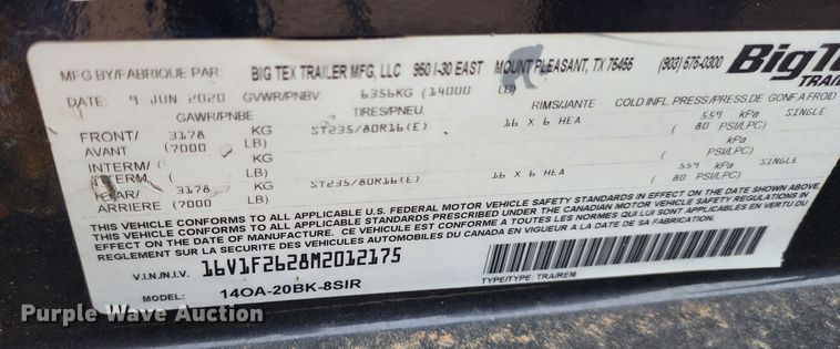 image for item KC9683 2021 Big Tex 14OA-20BK-8SIR  equipment trailer