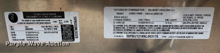 image for item LA9844 2022 Belmont AIR8112  utility trailer