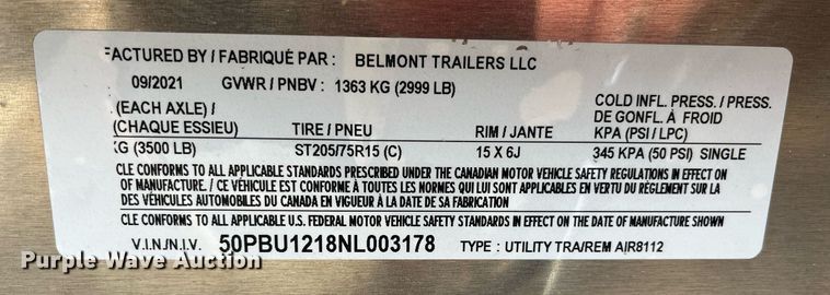 image for item LA9844 2022 Belmont AIR8112  utility trailer