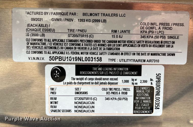 image for item LA9845 2022 Belmont AIR7310  utility trailer