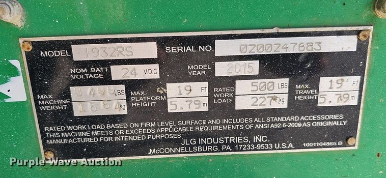 image for item LE9311 2015 JLG 1932RS  vertical lift