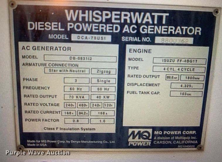image for item LI9219 Whisperwatt DCA-70USI  generator