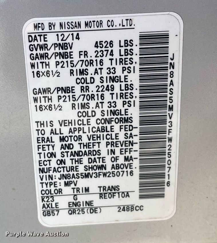 image for item LJ9590 2015 Nissan Rogue Select  SUV