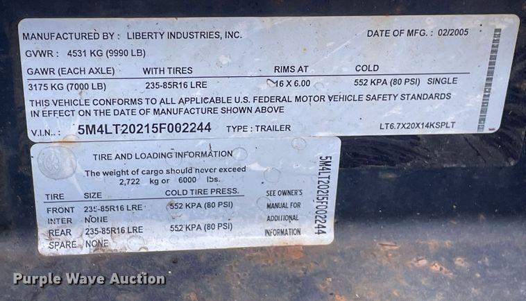 image for item LJ9594 2005 Liberty Industries Inc  tilt deck equipment trailer