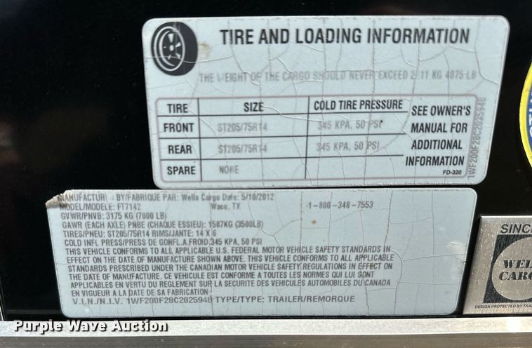 image for item LR9613 2012 Wells Cargo  enclosed cargo trailer