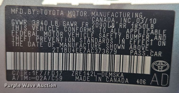 image for item MC9695 2010 Toyota Corolla S