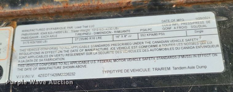 image for item MX9593 2021 Load Trail  dump trailer