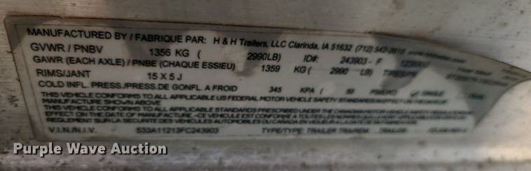 image for item MX9595 2015 H&H Trailers  utility trailer