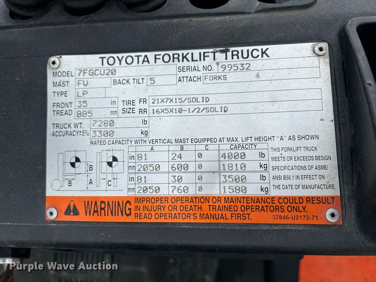 image for item MY9557 Toyota 7FGCU20  forklift