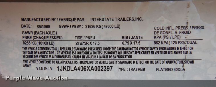 image for item DJ0827 1999 Interstate 40DLA  equipment trailer