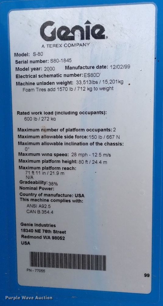 image for item DN6355 2000 Genie S-80  boom lift