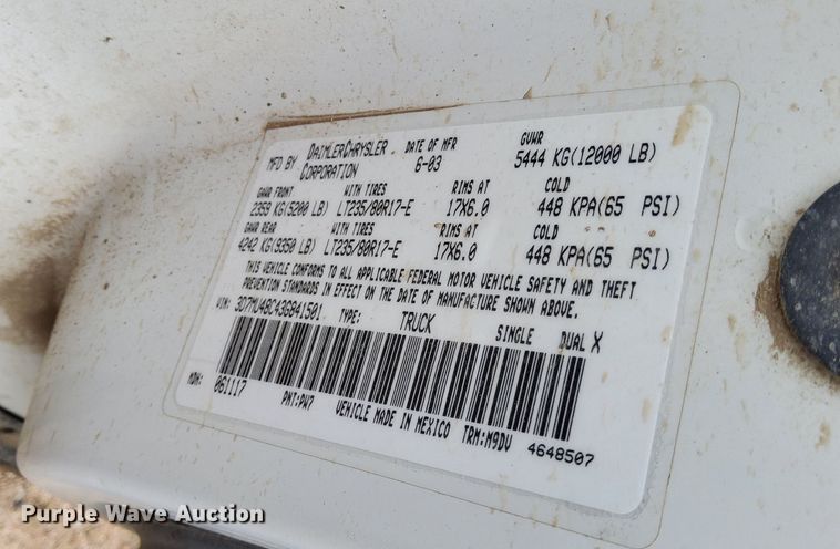 image for item DN6357 2003 Dodge Ram 3500  Quad Cab utility bed pickup truck