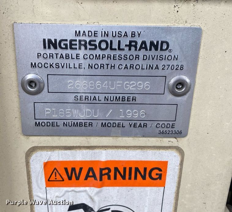 image for item KB9516 1996 Ingersoll Rand P185WJDU  air compressor