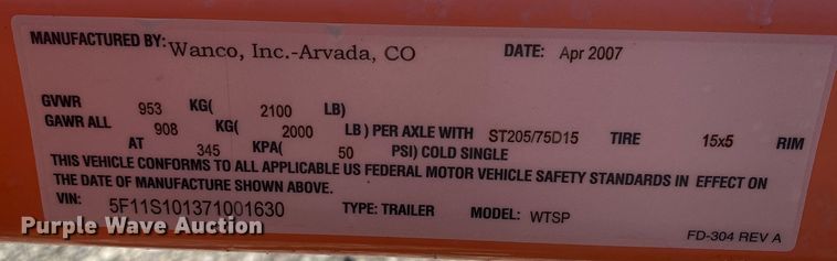 image for item KB9536 2007 Wanco WTSP  arrow board trailer