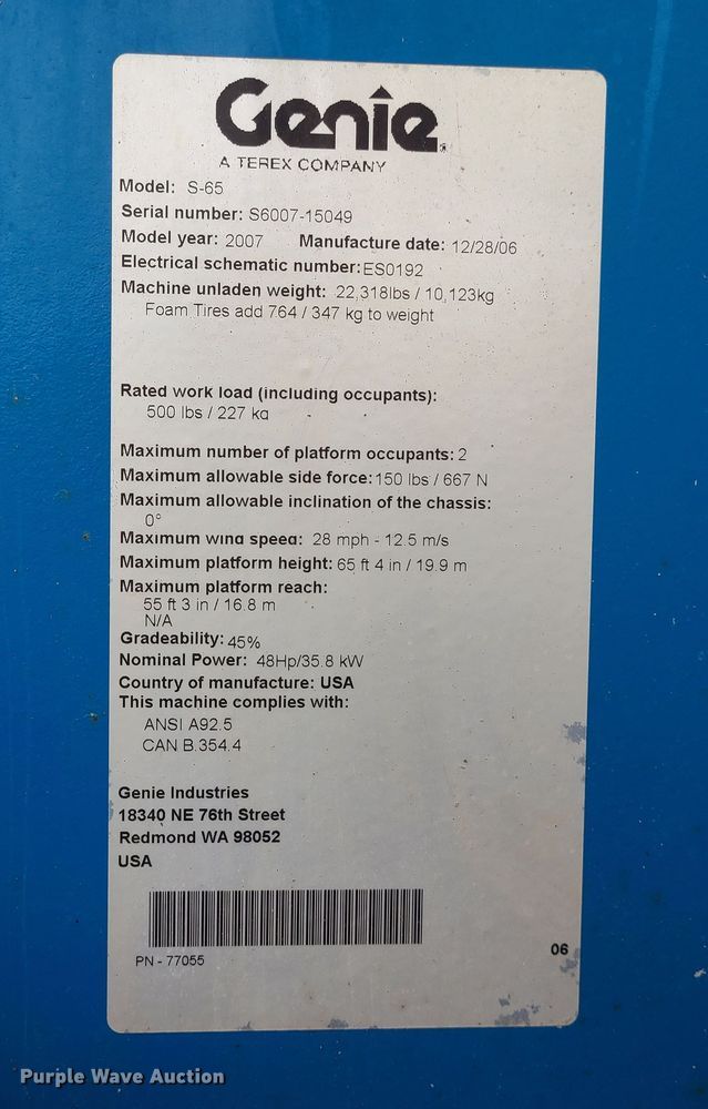 image for item LH9981 2007 Genie S-65  boom lift