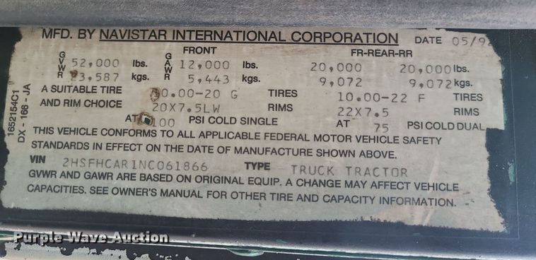 image for item LI9022 1992 International 9400  dump truck